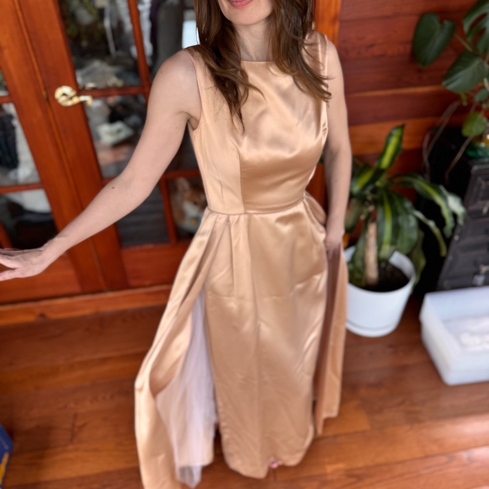 Vintage sleeveless boat neck champagne Party Dress w overskirt  50’s - Picture 7 of 16